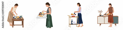 Flat illustration set of women preparing and serving gourmet cheese platters and charcuterie boards for home entertaining and social gatherings.