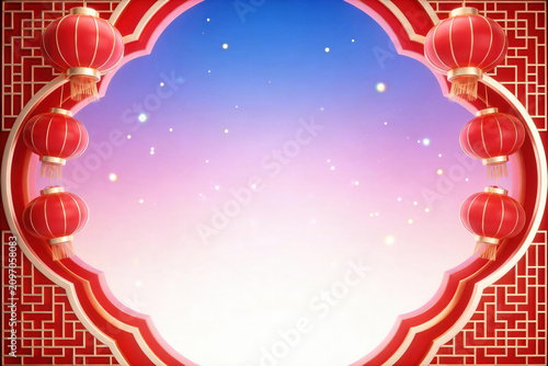 Chinese Floral Frame Border With Red Lantern Gradient Sky Background