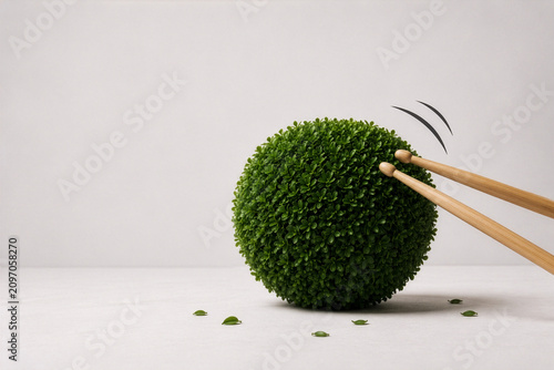 A minimalist image of a perfectly trimmed green topiary sphere being struck with drumsticks - Generative AI