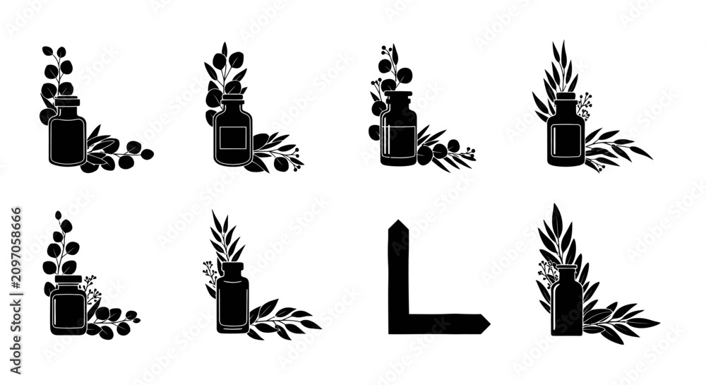 Fototapeta premium Black silhouette collection of essential oil bottles with plant corners