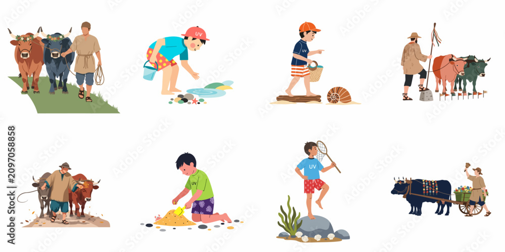 Fototapeta premium Collection of flat vector illustrations featuring traditional farmers with oxen and children enjoying various summer activities at the beach.