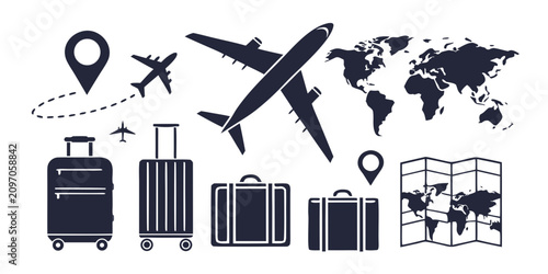 Quadro su tela Travel essentials and global destinations silhouette collection airplane suitcas