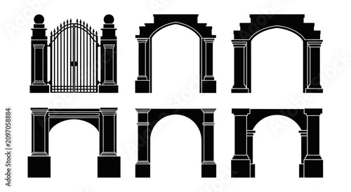Black silhouettes of classic stone arches and a decorative metal gate