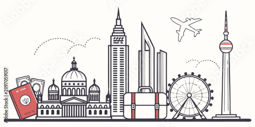 Cuadro en lienzo Iconic city skyline with landmarks, hot air balloon, and vintage travel poster e