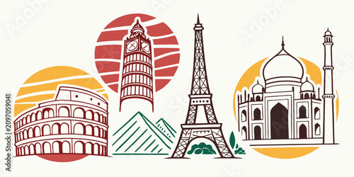 Canvastavla Set of famous global landmarks and tourist destinations, colorful red double-dec