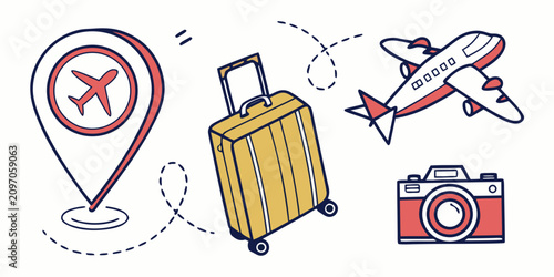 Cuadro en lienzo Tourist destination with hot air balloon, suitcase, camera, and bus travel