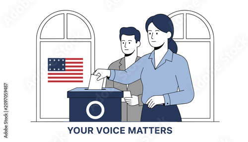 Patriotic citizens casting their votes into a ballot box during a presidential election in the United States.