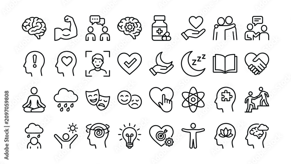 Fototapeta premium Collection of various line icons related to mental health and wellness symbols