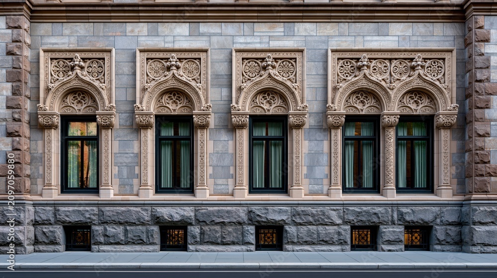 Obraz premium A historic building facade with ornate stone carvings and arched windows