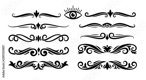 Decorative vector flourishes and dividers set with mystical eye icon