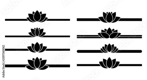 Lotus flower decorative divider lines and page separators, black silhouette vector graphic set isolated on white background