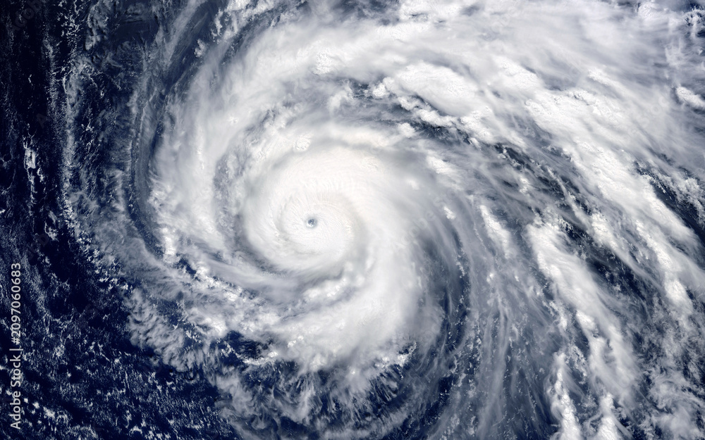 Obraz premium Super Typhoon, tropical storm, cyclone, hurricane, tornado, over ocean. Weather background. Typhoon, storm, windstorm, superstorm, gale moves to the ground. Elements of this image furnished by NASA.