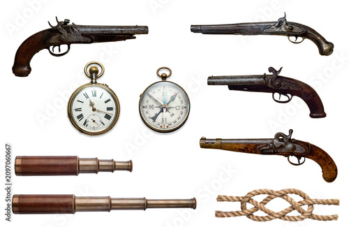 Fotografía Old flintlock pistols, pocket watches, compass, telescopes, quill pen, nautical knot isolated on a white background