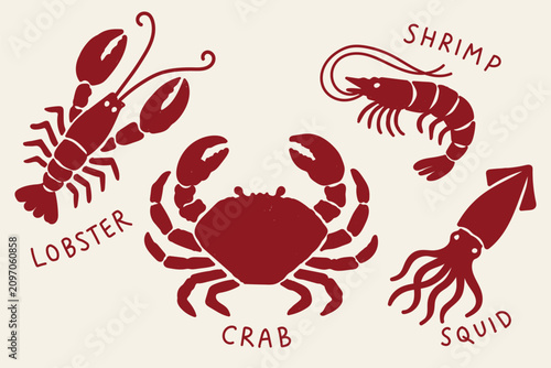 Photography Lobster Crab Shrimp and Squid Naive Silhouette Vector Illustration, Hand Drawn S