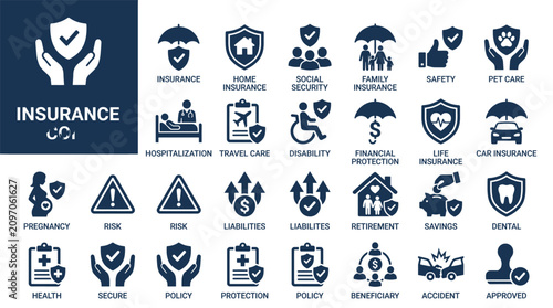 Set of insurance icons for protection and security services