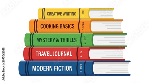 Foto Stack of colorful books, book spines, reading materials, fiction and non-fiction