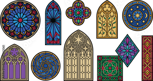 Gothic Stained Glass Window Vector Icon Set with Vintage Cathedral Architecture Elements and Colorful Mosaic Geometric Patterns for Graphic Design Projects