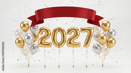 Gold foil balloons forming the number twenty twenty seven with metallic silver and gold balloons and a vibrant red satin ribbon banner surrounded by confetti against a neutral light surface