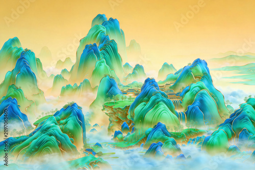 Chinese Traditional Green Blue Landscape Mountain Scroll Painting