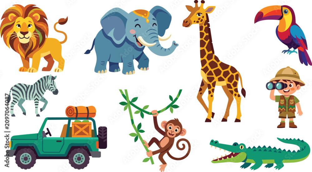 Obraz premium Cute African Safari Animals Vector Set Featuring Lion, Elephant, Giraffe, Toucan, Zebra, Monkey, Crocodile, Boy Explorer, and Offroad Jungle Tour Car Illustration
