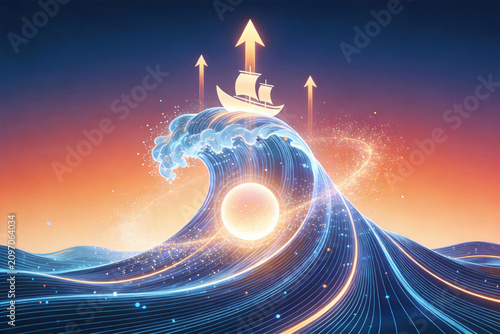 Upward Golden Arrow Surging Ocean Wave Gradient Background