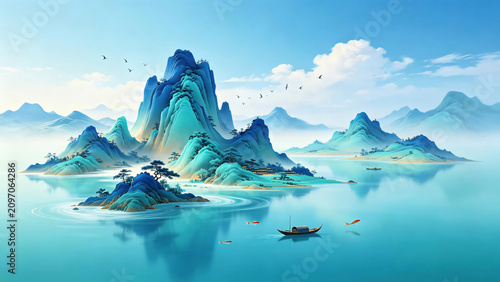 Blue Green Chinese Ink Mountain Lake With Fishing Boat
