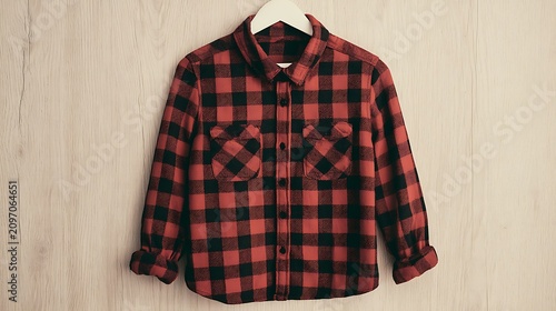 A red and black checkered flannel shirt hangs on a white hanger against a light wooden background. Casual autumn.