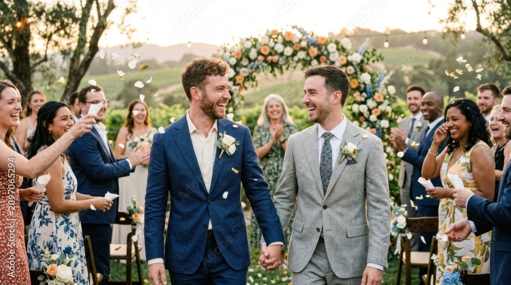 Fototapeta premium Two men in suits walking down a aisle, surrounded by guests.
