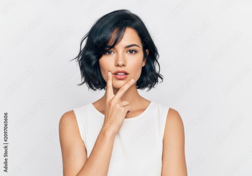Fototapeta premium Thinking woman, puzzled expression, short black hair, white sleeveless top