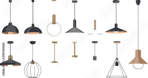 Quadro su tela Modern Industrial Pendant Light Vector Illustration Set with Stylish Hanging Lam