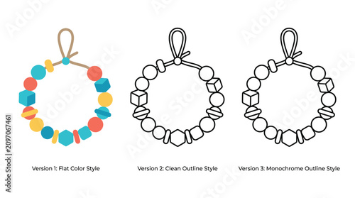 Beaded necklace icon set in flat color and outline styles