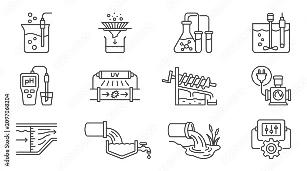 Fototapeta premium Minimalist Black and White Line Icons Set of Water Treatment and Testing Equipment and Processes