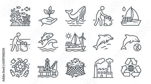 Canvastavla Sleek Black and White Line Art Icons Set Featuring Marine Life Environmental Con