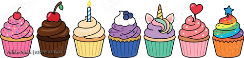 Colorful Cupcake Vector Illustration Collection Featuring Birthday Candle Unicorn Horn Rainbow Frosting and Cherry Toppers for Sweet Celebration Dessert Graphic Designs
