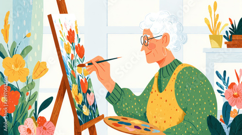Elderly artist painting flower canvas, senior woman with brush and palette, colorful floral illustration, cozy studio interior, calm creative mood