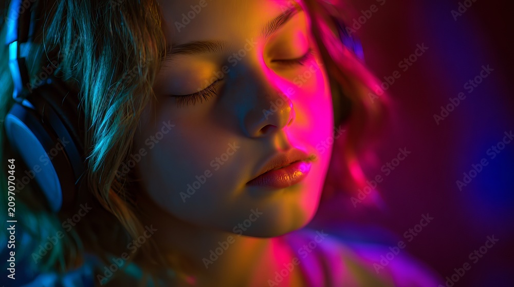 Fototapeta premium Young woman wearing headphones listening to music with vibrant neon pink and blue studio lighting