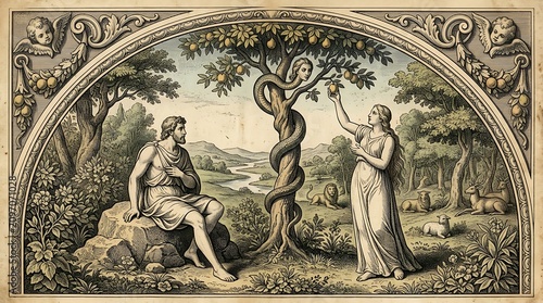 Classical biblical engraving of the mythical garden scene