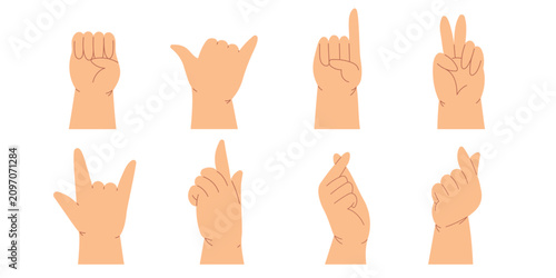 Flat modern style hands showcasing a variety of fun and expressive gestures. Creative cartoon design. Vector illustrations isolated on white background.