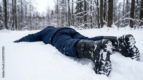Person in winter clothing lying face down in the snow