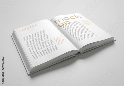 Open Hardcover Book Mockup Perspective View With Blank Pages for Editorial Presentation