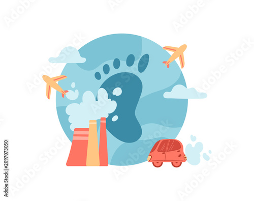 Carbon footprint symbol on blue earth flat icon scene. Green eco planet as climate and pollution concept, with emission from car and industrial carbon source. Ecology backdrop for environment co2