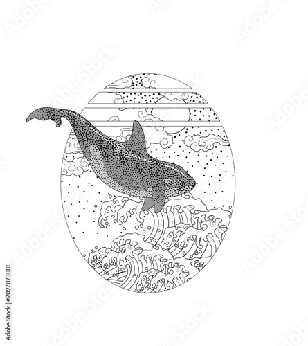 Tattoo stencil images featuring whales—suitable for line art and dotwork styles. Includes sperm whales, humpback whales, and orcas.