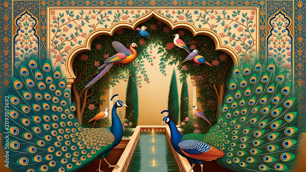 Illustration of a mughal garden with peacocks, parrots, plants, and trees, featuring a botanical landscape pattern. Mughal Garden. Illustration