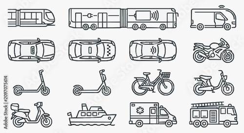 Quadro su tela Industrial Minimal Line Art Icons Set of Various Vehicles and Transportation Mod