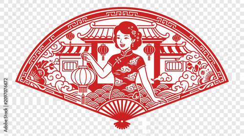Chinese woman in qipao within red folding fan frame.