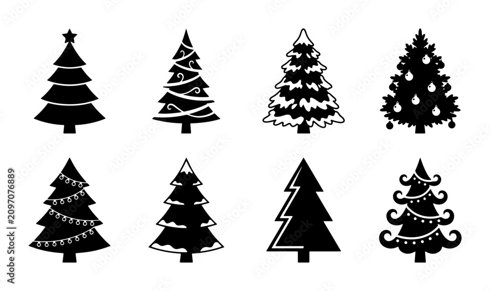Obraz premium Christmas Tree Icons, Festive Vector Set, Winter Holiday Decorations, Black and White Graphic Elements