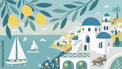 Φωτογραφία Illustrated mediterranean coastal town with citrus trees sailboats and whitewash