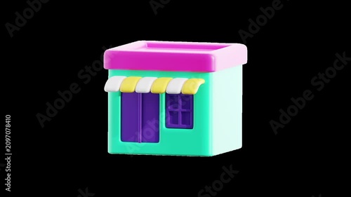 3D storefront animation with transparent alpha channel, featuring a retail shop building for ecommerce branding, online business, and commercial presentations. 