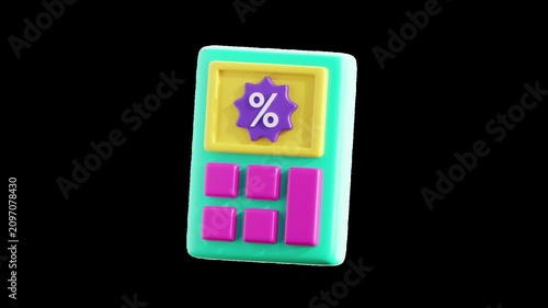 3D calculator animation with transparent alpha channel, featuring a pricing calculation element for ecommerce, online shopping, finance, and retail promotions. 