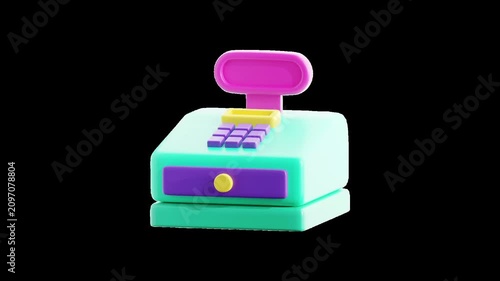 3D cash register animation with transparent alpha channel, featuring a checkout payment icon for ecommerce stores, retail businesses, and shopping applications. 